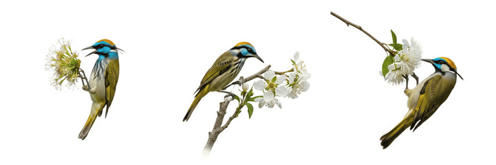 Obraz premium Blue-Crowned Chlorophonia Bird on Flowering Branches Isolated on White - High-Resolution Avian Wildlife Illustration for Tropical Nature Blogs, Ornithology, and Floral Backgrounds