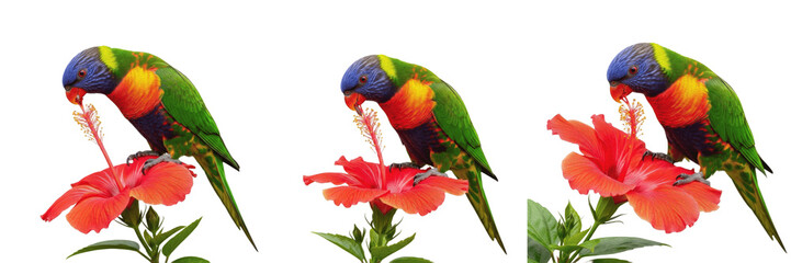 Fototapeta premium Rainbow Lorikeet Parrot on Red Hibiscus Blossom Isolated on White - High-Resolution Australian Wildlife Illustration for Tropical Nature Blogs, Birdwatching, and Floral Design