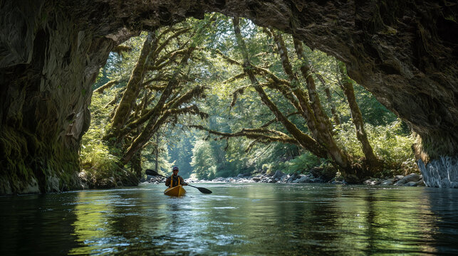 A kayaker paddling under a natural arch of trees forming a tunnel over the river