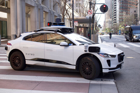 San Francisco, California, April 8, 2025, Waymo self-driving car actively transporting people around San Francisco in autonomous vehicles.
