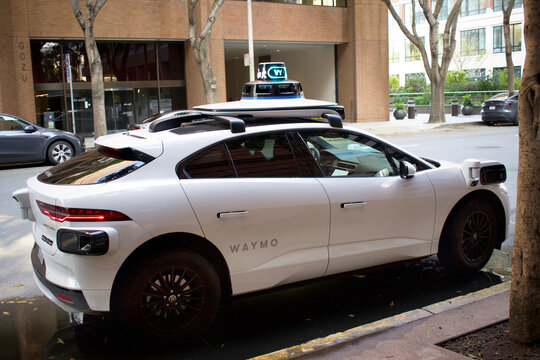 San Francisco, California, April 8, 2025, Waymo self-driving car actively transporting people around San Francisco in autonomous vehicles.