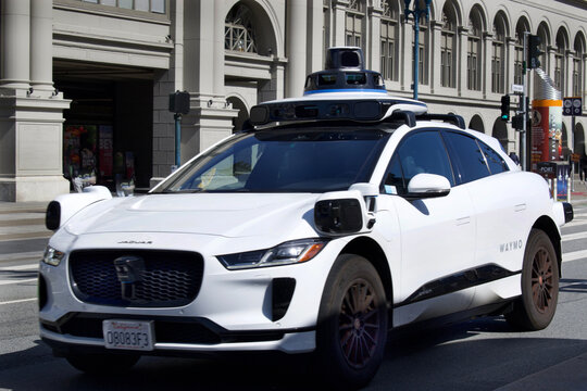 San Francisco, California, April 8, 2025, Waymo self-driving car actively transporting people around San Francisco in autonomous vehicles.