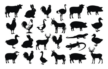 Fototapeta premium Collection of black silhouettes of various farm and wild animals