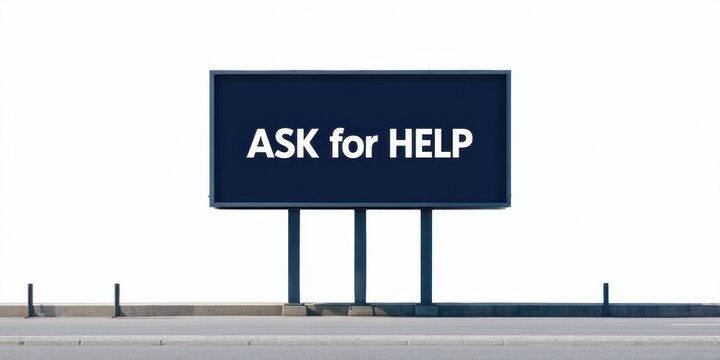 Billboard displays message ASK for HELP. Minimalist design, gray structure, white sky. Simple, direct communication. Urgent plea visible.