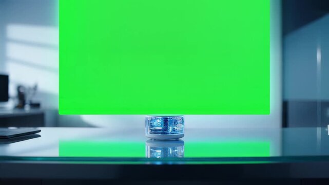 Futuristic computer chip in transparent glass casing on sleek office desk with green screen background, slow motion, cinematic lighting, symbolizing advanced technology and innovation