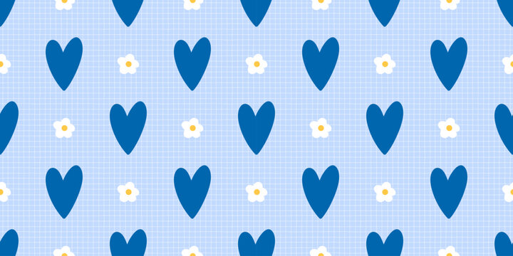 Kawaii cute valentines and quilt floral pattern with heart spring seamless. Flower vector checkerboard and scrapbook notebook plaid with pink tiny bg. Cottagecore kawaii daisy and pastel.