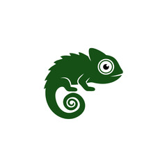 Fototapeta premium Minimalist green chameleon silhouette with spiral tail and large eye isolated on white background