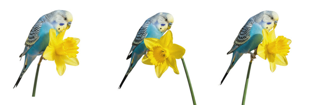 Cute Blue Budgie Parakeets Sitting on Vibrant Yellow Daffodil Flowers, High-Resolution Spring Pet Photography Isolated on White Background for Cheerful Bird and Nature Decor