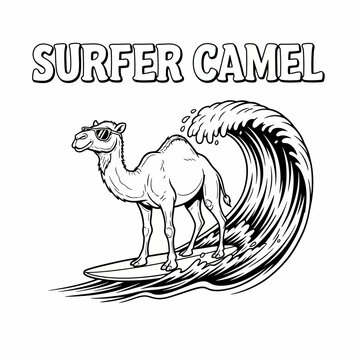 Surfer camel riding wave board.