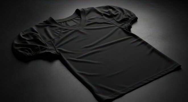 Black blank football jersey for team sportswear branding and athletic apparel promotion on dark background template design visual