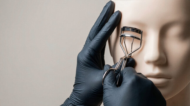 Close-up of eyelash curler used on mannequin face for makeup training, professional beauty tools practice in cosmetology education concept.