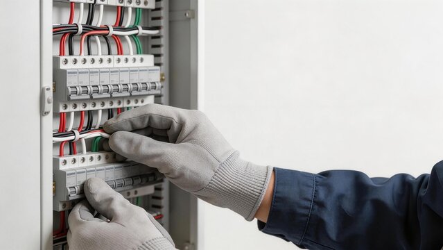 Electrician working on circuit breaker panel