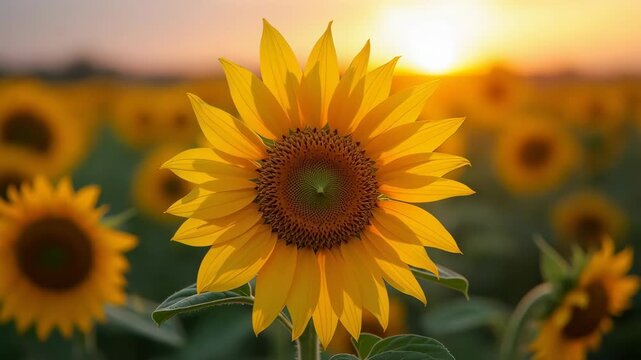 Vibrant sunflower field under golden sunset light with blooming sunflowers filling landscape. Sunflower garden showcases bright yellow petals and rich brown center in beautiful evening glow.