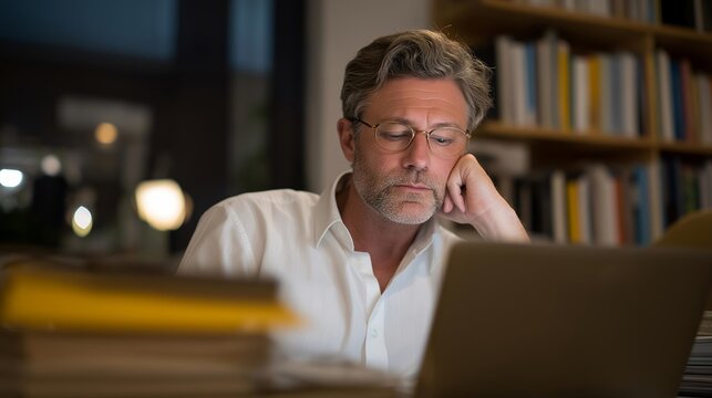 Exhausted professional staring at complex retirement calculator results on laptop screen in cluttered home office surrounded by unopened financial planning books at midnight, ideal for retirement