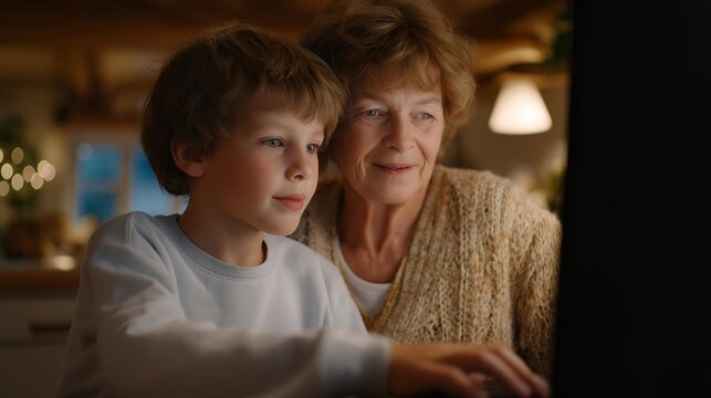 Young bilingual child seamlessly switching between languages while helping grandmother navigate online banking interface, warm kitchen lighting highlighting intergenerational digital literacy and