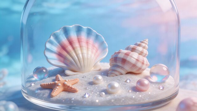 Seashells starfish and pearls in glass dome