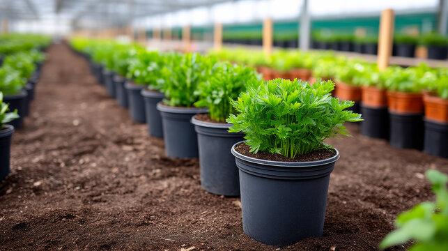 Celery plants grow in potted containers. Rows of potted celery plants are growing in a greenhouse setting with soil and sunlight.