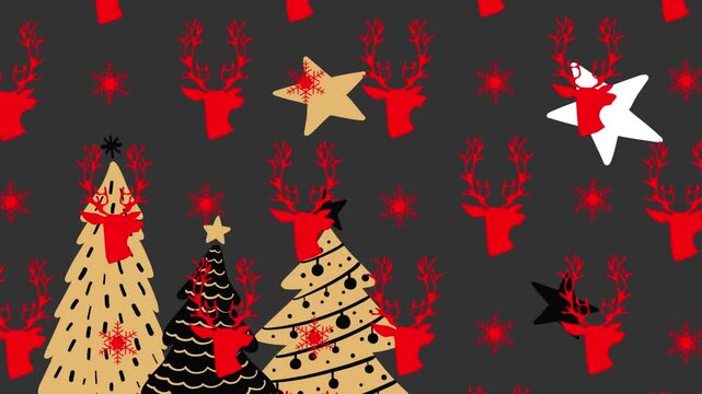 Christmas tree and stars over reindeer and snowflakes icons in seamless pattern on grey background