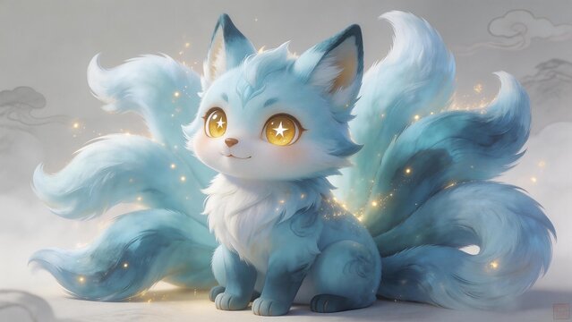 Blue mythical fox with nine tails