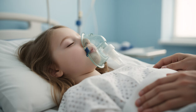 A sick young girl with eyes closed, lying in a hospital bed wearing an oxygen mask. The hands of an adult (parent) are holding her hand in a clinical, blurry setting, showing care