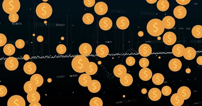 Animation of multiple dollar symbols over financial data processing against black background