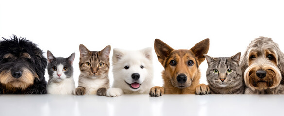 Plakat Pets sit together on a table waiting. Various pets are lined up on a table with their paws resting on the surface, looking toward the camera.