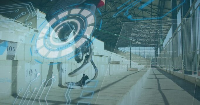 Animation of data processing on digital screen over african america male runner with running blade