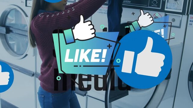 Like text banner and icons over african american woman doing laundry at public laundromat