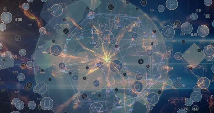 Animation of network of connections with icons over globe