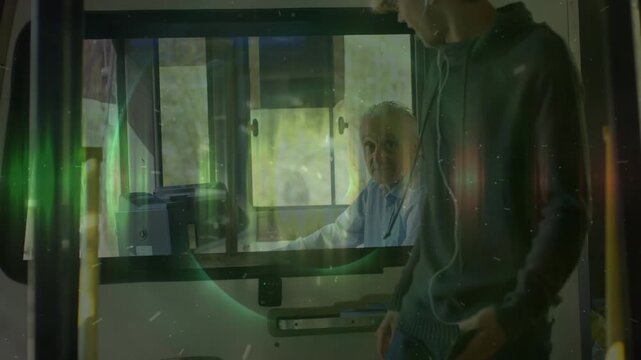 Animation of bokeh effect against caucasian young commuter wearing earphones while offboarding train
