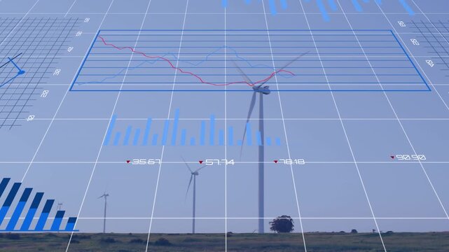 Animation of statistics and financial data processing over wind turbines in countryside