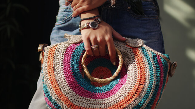 Close-up of a woman wearing denim holding a vibrant handmade crochet handbag, captured in warm natural light for a stylish summer lifestyle concept.