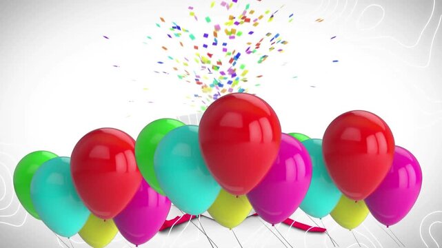Animation of balloons over present with confetti on white background