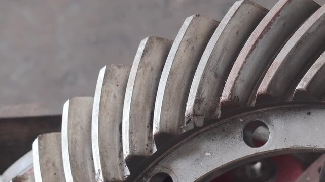 Close up panning shot of damaged spiral bevel crown gear from a vehicle differential assembly showing broken teeth and metal wear on a blurred industrial background.