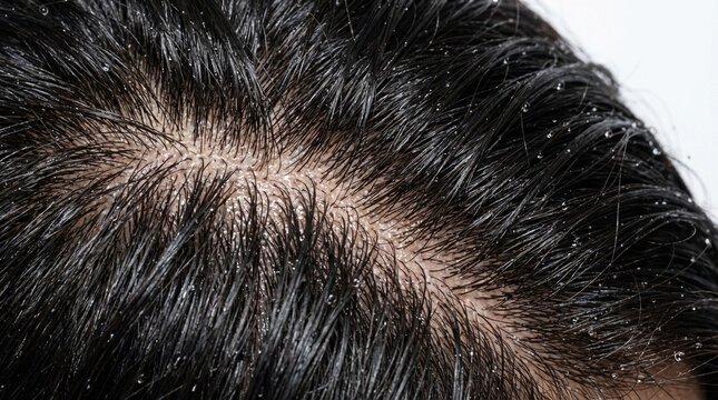 Close-up macro view of dark wet hair with visible scalp and water droplets