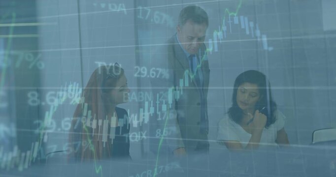 Animation of financial data processing over diverse businesspeople discussing over a document
