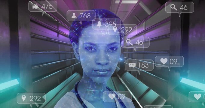 Animation of social media icons and african american female doctor over tunnel in seamless pattern