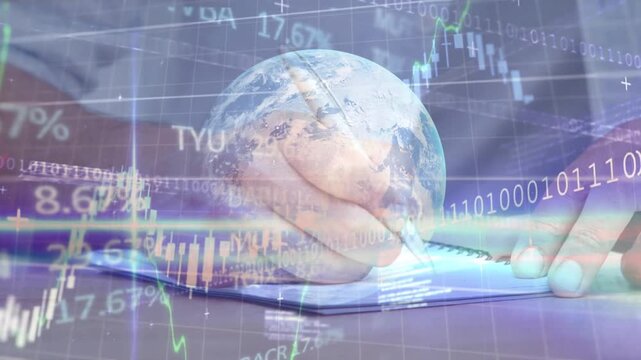 Animation of financial data processing, globe and binary coding over man writing