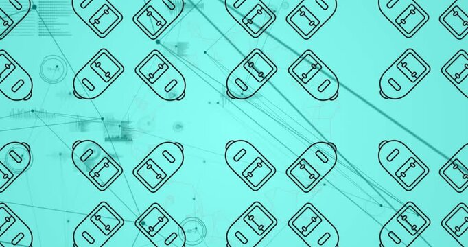 Animation of backpack icons over network of connections and data processing on blue background