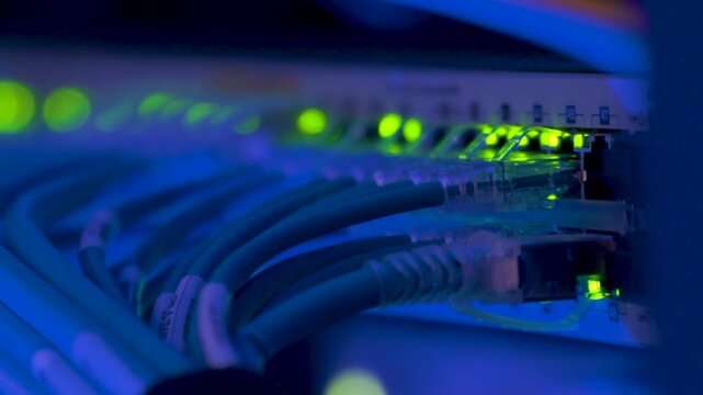 close up of blinking lights on network switch