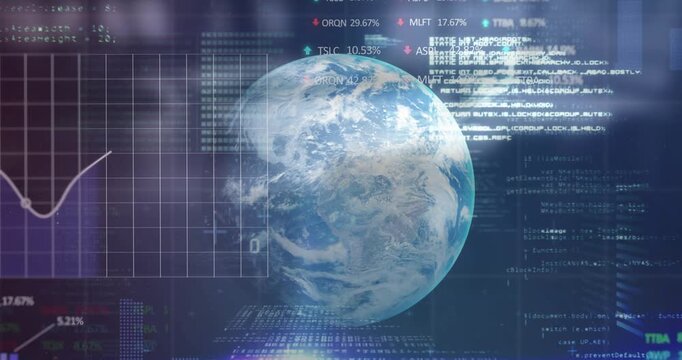 Animation of statistical and stock market data processing over globe against empty office