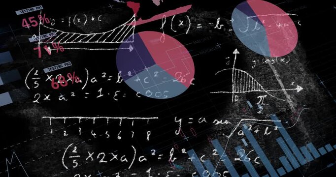 Animation of statistical data processing and mathematical equations against black background
