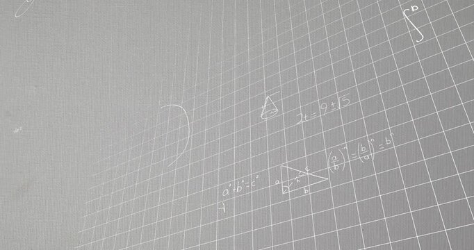 Animation of mathematical equations and diagrams over grid pattern against abstract background