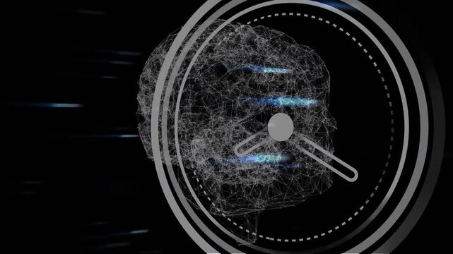 Animation of neon ticking clock and blue light trails over spinning human brain on black background
