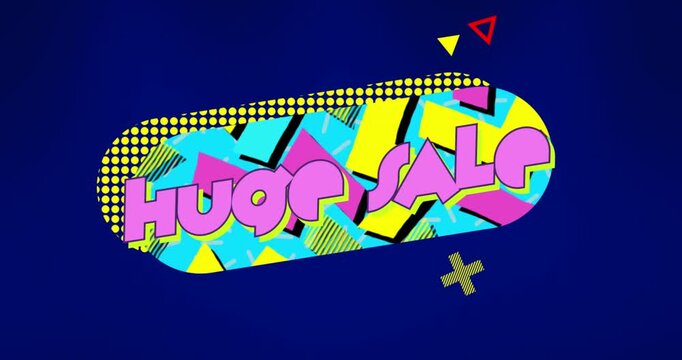 Animation of huge sale text on retro speech bubble with abstract shapes