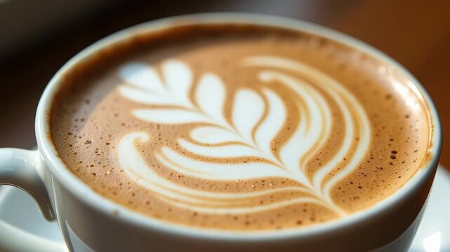 Coffee cup with latte art featuring intricate leaf design, showcasing creamy espresso and perfect froth. Coffee presentation emphasizes artistry for cafe menus and beverage advertisements.