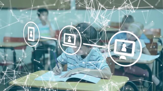 Animation of networks of icons over diverse schoolchildren in classroom