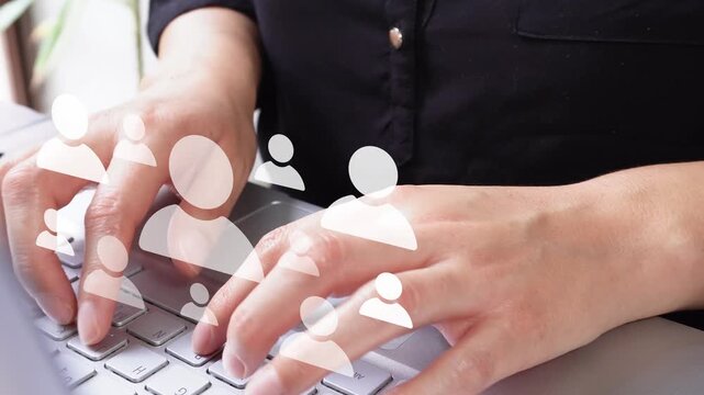 Visual detail of an executive using her laptop in the office with an animation highlighting different avatars of people, a concept of personnel selection.