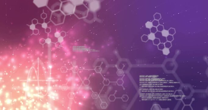 Animating hexagonal molecular structures and coding data over purple and pink background