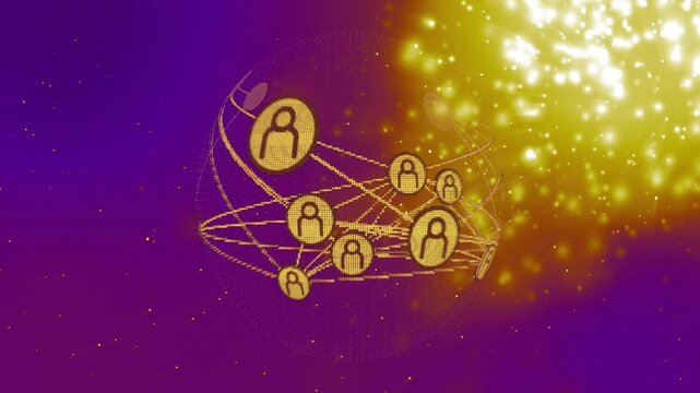 Animation of glowing particles forming network of connected profiles on purple background